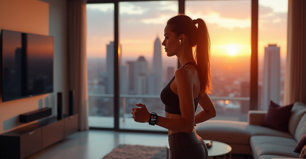 "A young woman stands confidently in front of a cityscape at sunset, wearing high-tech earbuds and monitoring fitness metrics on her smartwatch display via AR technology."