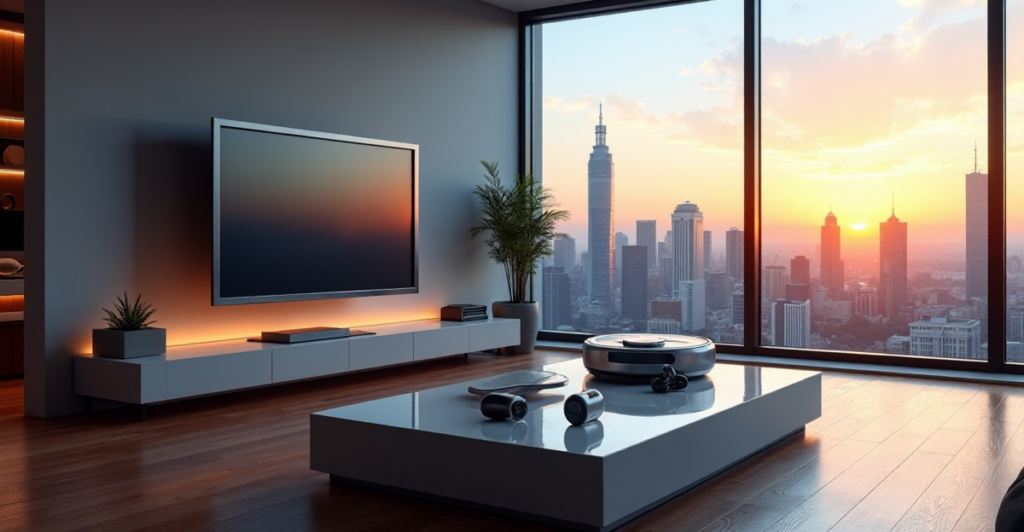 "A futuristic living room featuring a sleek 5G-enabled smart TV surrounded by cutting-edge gadgets on a minimalist coffee table, with a breathtaking cityscape view at sunset."