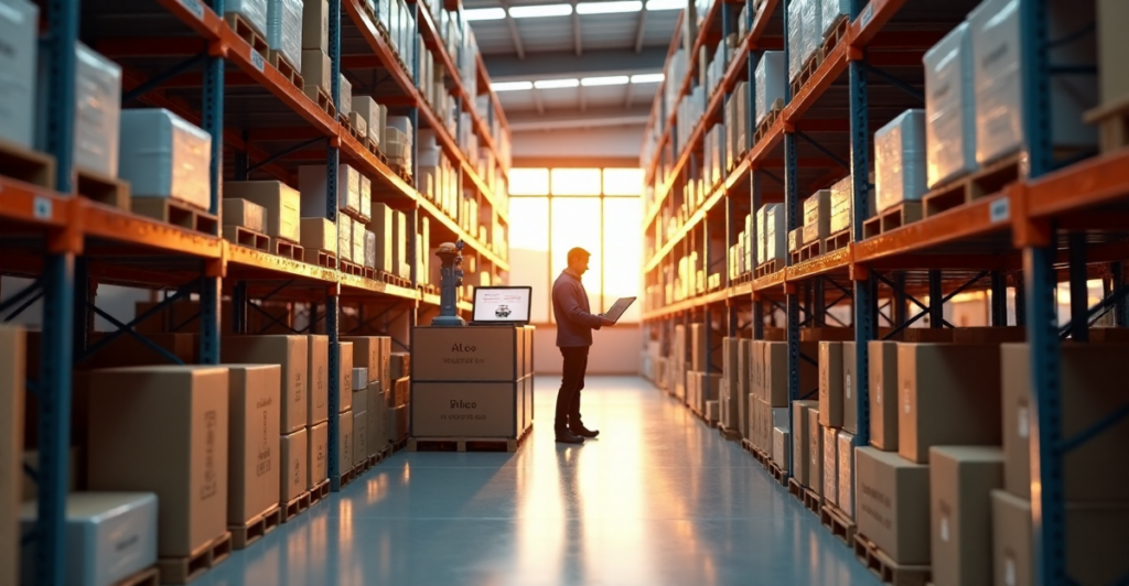 "An e-commerce warehouse with cutting-edge AI automation systems and 5G connectivity, showcasing efficient inventory management and employee productivity."