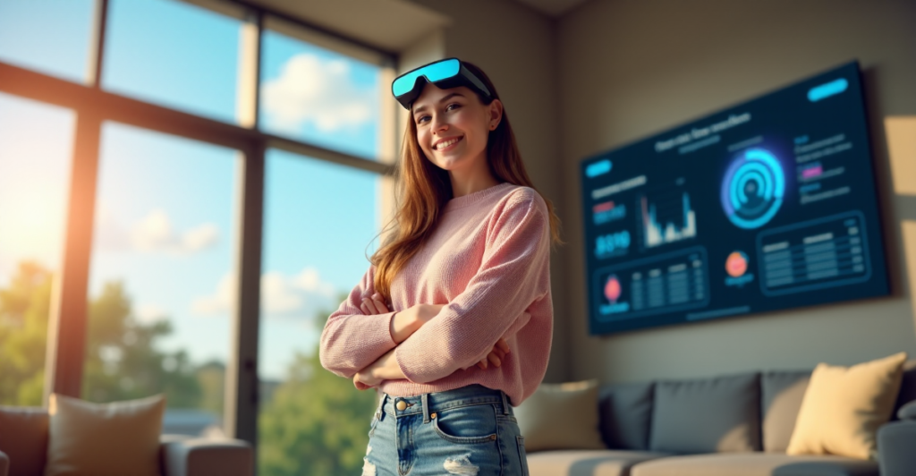 "A young woman stands confidently in a modern smart home, wearing pastel pink and distressed denim, with futuristic glasses and a portable router, surrounded by natural light and cutting-edge tech displays."