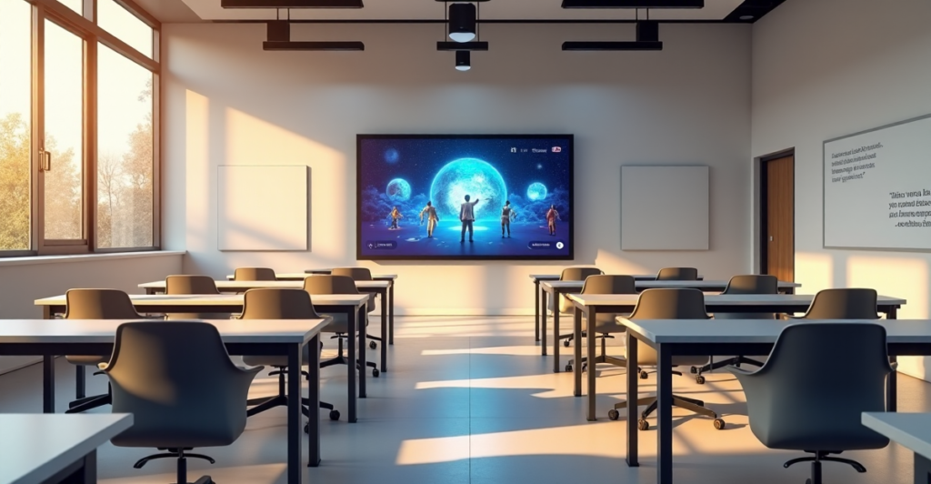 "A modern classroom with a large touchscreen smartboard, ergonomic desks, and comfortable chairs in a well-lit room with natural daylight, evoking optimism and empowerment through technology, excluding top 5G connectivity gadgets."