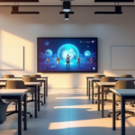 "A modern classroom with a large touchscreen smartboard, ergonomic desks, and comfortable chairs in a well-lit room with natural daylight, evoking optimism and empowerment through technology, excluding top 5G connectivity gadgets."