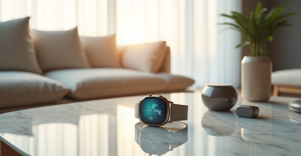 "A serene living room with minimalist decor featuring top 5G connectivity gadgets including a smartwatch, smartphone, fitness tracker, wireless earbuds charging station, portable power bank, and smart speaker."