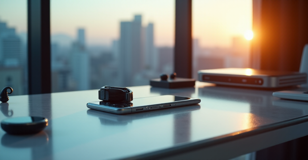 "Image of a futuristic smartphone with AI smartwatch, surrounded by cutting-edge gadgets on a high-tech desk in a modern living space."