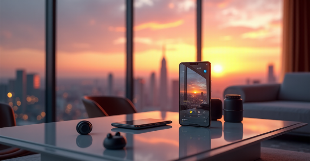 "A sleek silver smartphone on a minimalist glass table in a modern living room with cityscape view at sunset, showcasing futuristic features and cutting-edge gadgets."