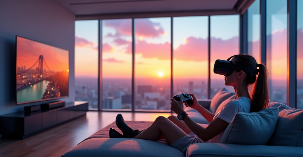 "A young woman immersed in a VR experience on an AI-powered gaming console, surrounded by sleek 5G gadgets, enjoying top-notch connectivity."