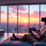 "A young woman immersed in a VR experience on an AI-powered gaming console, surrounded by sleek 5G gadgets, enjoying top-notch connectivity."