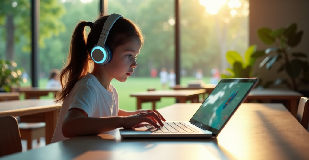 A young girl sits at a minimalist desk with EdTech tools, exploring an immersive 3D learning environment through a high-resolution tablet and futuristic headphones, surrounded by modern classroom elements and lush park views, conveying excitement and limitless possibility in education, showcasing top gadgets for future-proofing educational innovation beyond 2025.