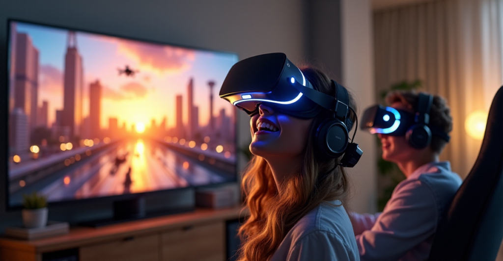 "A person wearing a VR headset in a modern gaming room with a large 4K LED screen displaying a futuristic cityscape at sunset, highlighting top 5G connectivity gadgets of 2025."