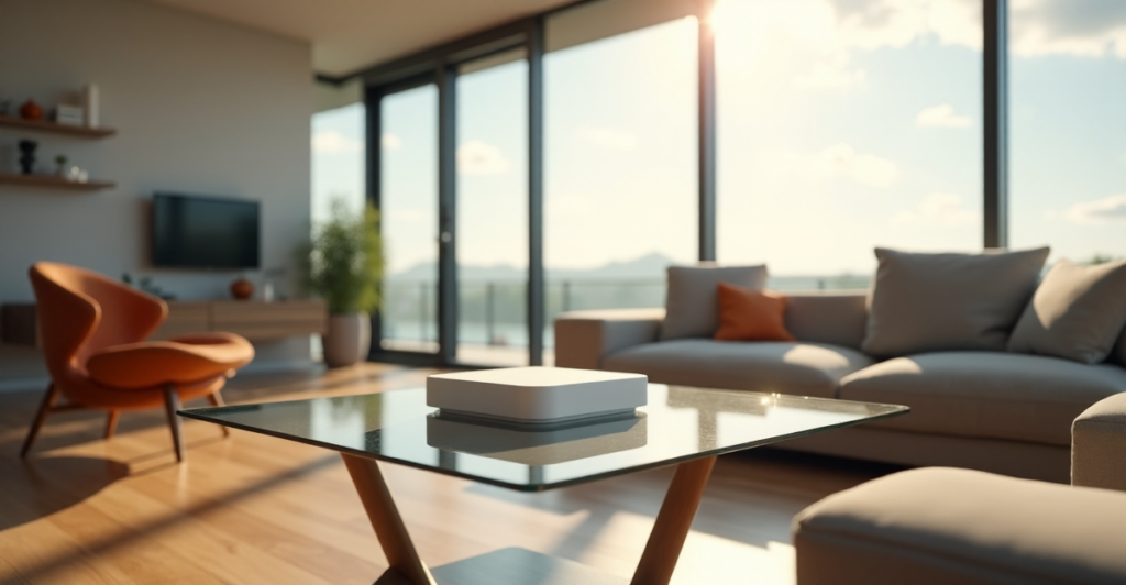 "A serene modern living room featuring a sleek smart home hub surrounded by cutting-edge devices, bathed in natural light."