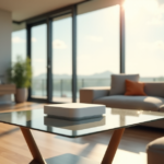 "A serene modern living room featuring a sleek smart home hub surrounded by cutting-edge devices, bathed in natural light."