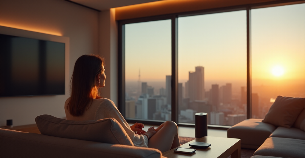 A woman sits on a plush couch in a modern living room surrounded by top 5G connectivity gadgets 2025, including a smartphone, smart speaker, wireless charging pad, and smartwatch, amidst a serene cityscape at dusk.