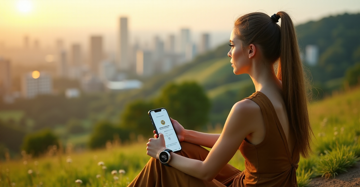 A young woman sits on a hill overlooking a futuristic cityscape with lush greenery in the distance, wearing sustainable clothing and a 5G-enabled smartwatch, surrounded by vibrant flora.