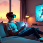 A young woman sits on a minimalist couch surrounded by cutting-edge entertainment tech, holding a futuristic smartphone with a holographic display projecting an immersive gaming experience."