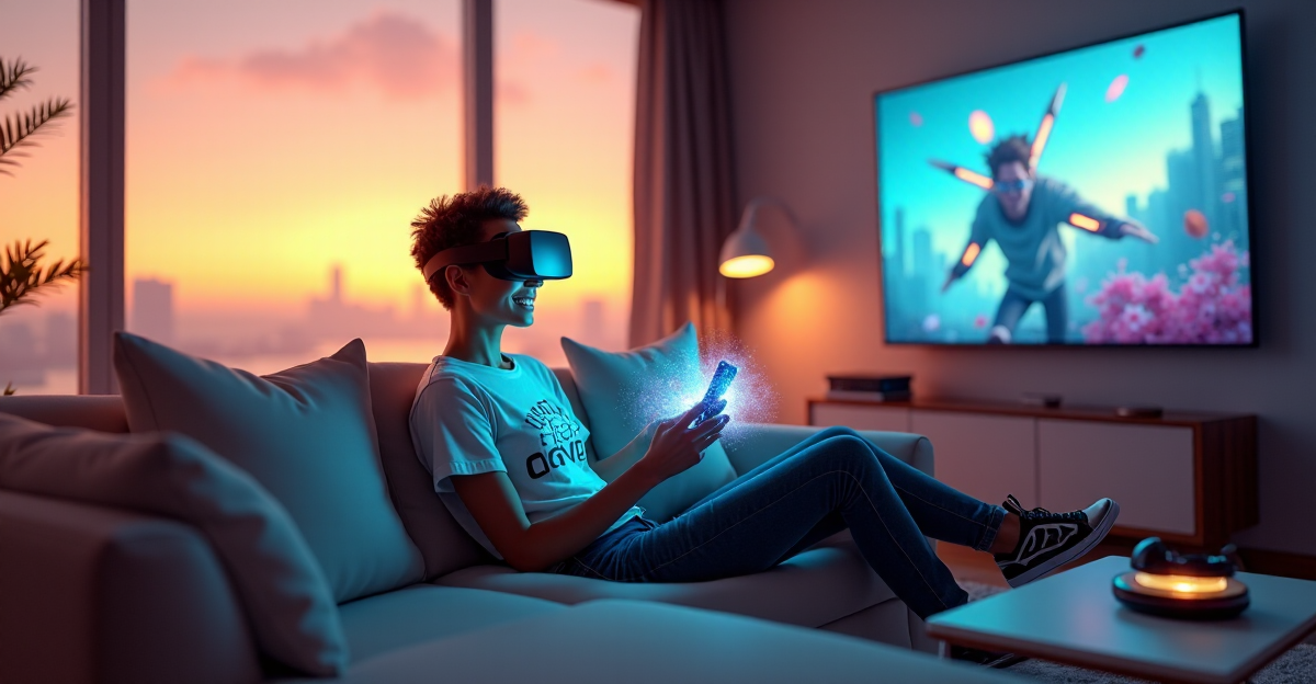 A young woman sits on a minimalist couch surrounded by cutting-edge entertainment tech, holding a futuristic smartphone with a holographic display projecting an immersive gaming experience.