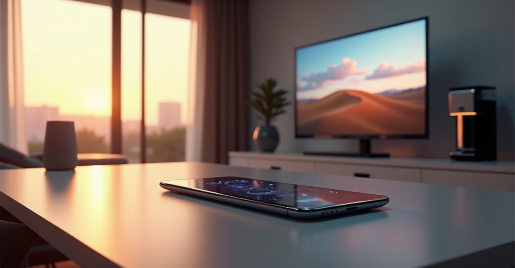 "A sleek silver smartphone on a minimalist wooden desk in a futuristic smart home environment with cutting-edge gadgets and ambient glow."
