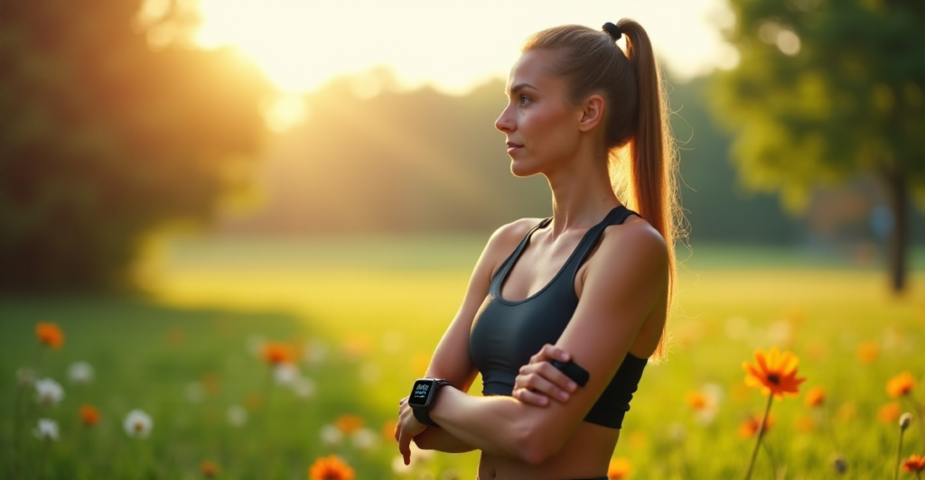 "A young woman stands confidently outdoors, wearing a smartwatch and fitness tracker, surrounded by lush greenery and vibrant flowers."