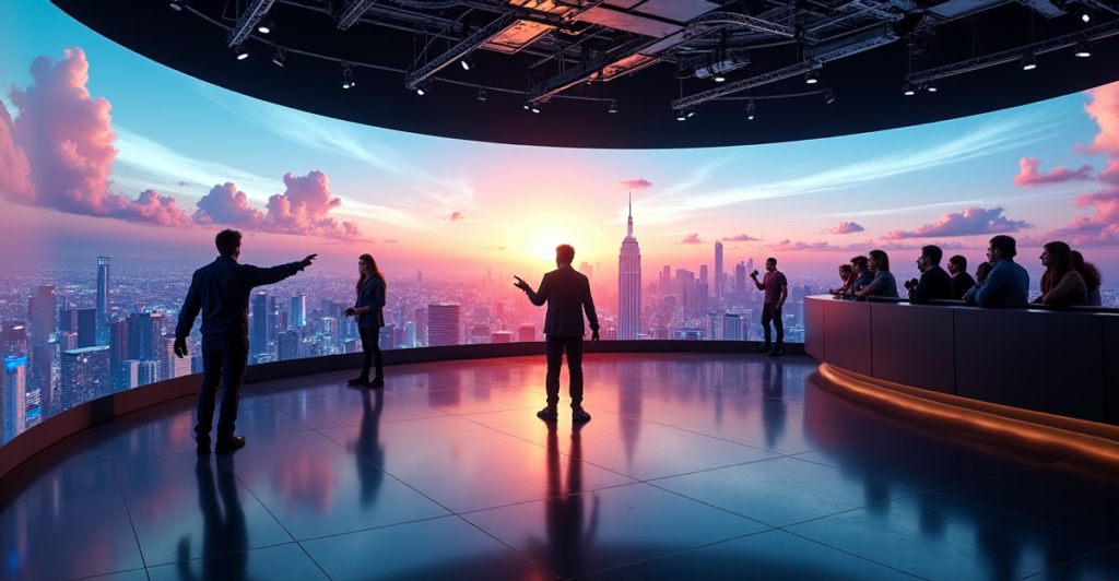 "A futuristic VR gaming arena with immersive cityscape experience, players interacting with environment using haptic suits and controllers, surrounded by onlookers and 5G network data display."