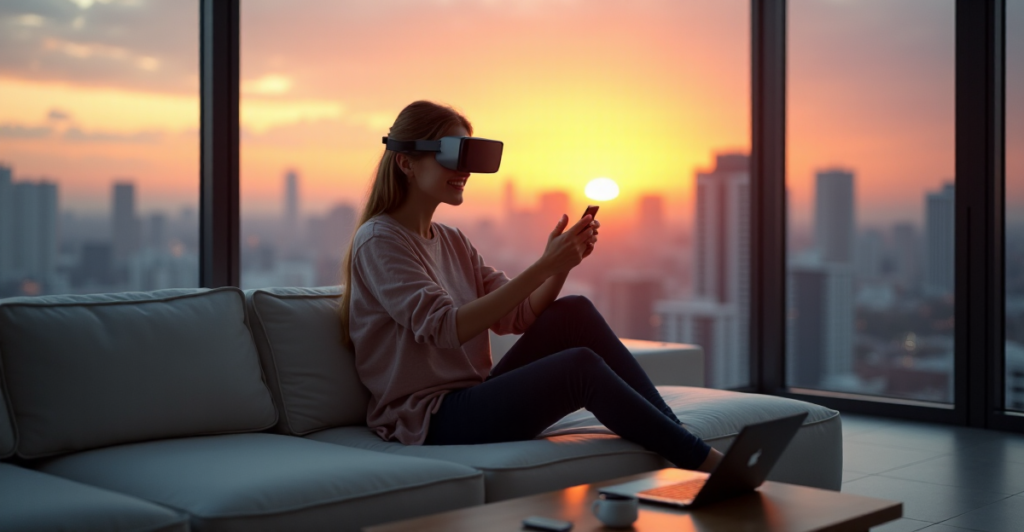 "A young woman sits on a modern couch in a sleek living room with floor-to-ceiling windows showcasing a cityscape at sunset, surrounded by top 5G connectivity gadgets, wearing futuristic AR glasses."