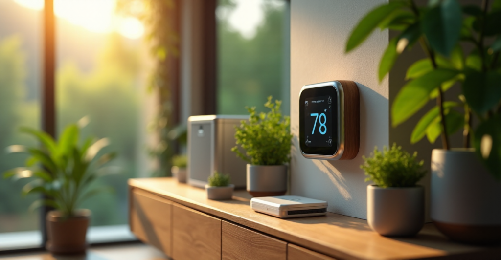 "Image of a sleek smart thermostat in a futuristic green home with cutting-edge energy-efficient devices."