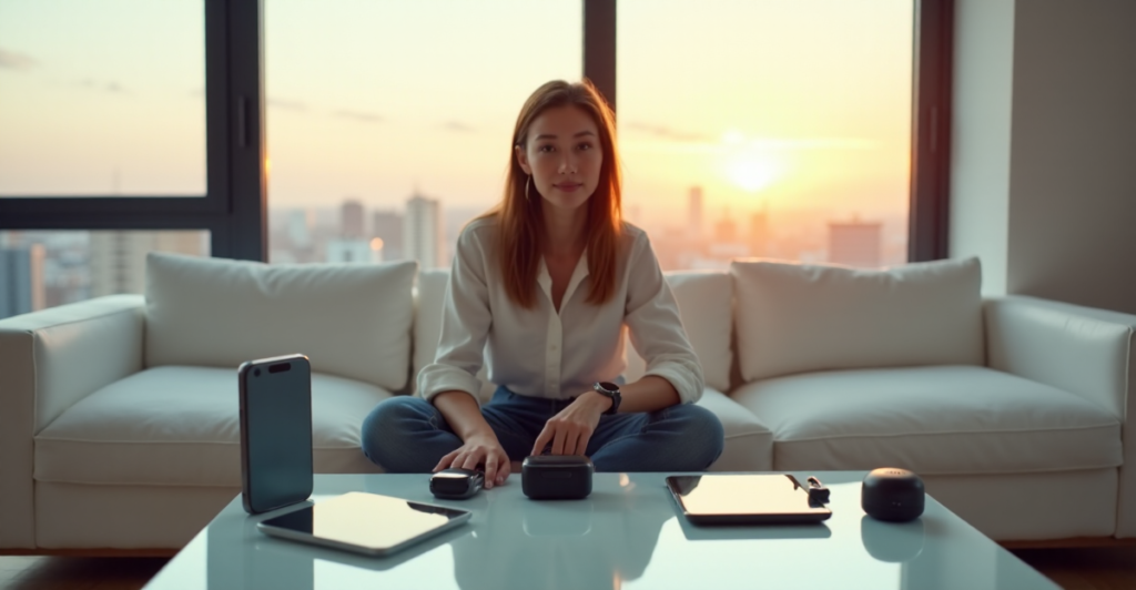 "A young woman sits on a minimalist couch surrounded by top 5G connectivity gadgets, including a smartphone, smartwatch, portable hotspot, wireless earbuds, and tablet, showcasing peaceful productivity."