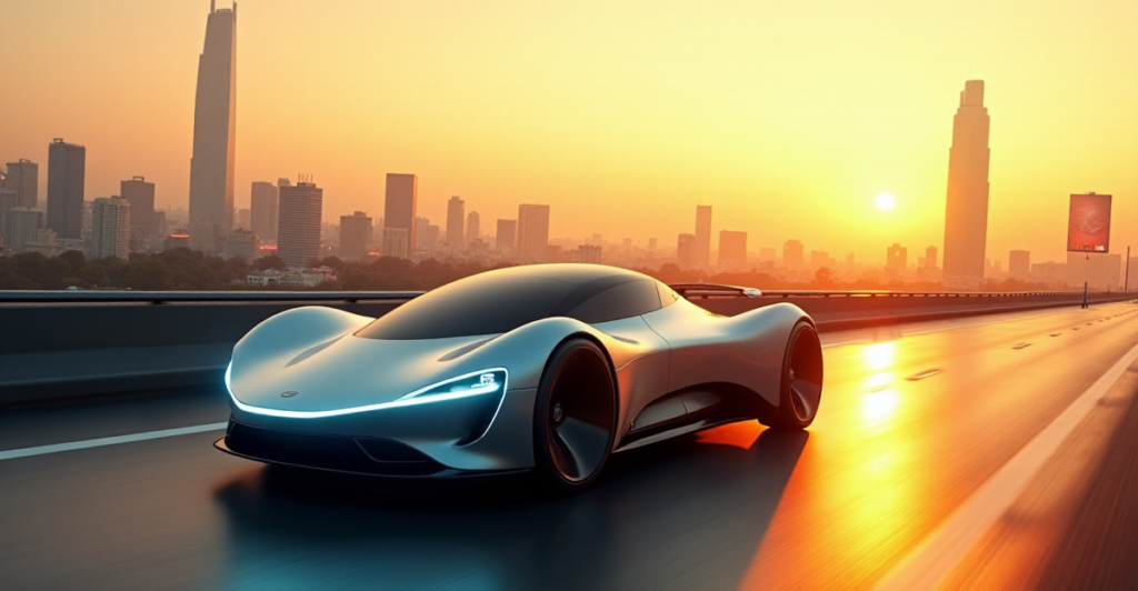 "An autonomous vehicle cruises down a futuristic highway at sunset, showcasing cutting-edge technology with sleek design and pulsating LED lights."