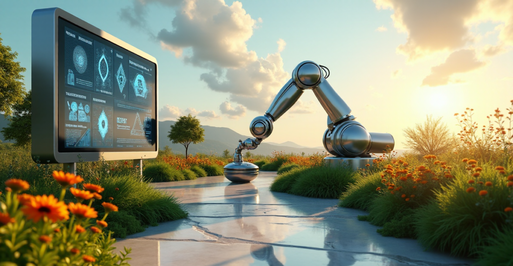 "A futuristic environmental conservation center with a cutting-edge robotic arm sorting recyclables, surrounded by lush greenery and vibrant wildflowers."