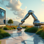 "A futuristic environmental conservation center with a cutting-edge robotic arm sorting recyclables, surrounded by lush greenery and vibrant wildflowers."