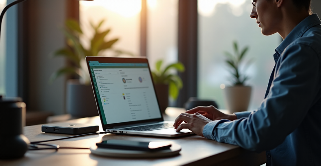 "A person sits at a desk in a modern home office, surrounded by budget-friendly gadgets connected via 5G cables, with a laptop displaying a cutting-edge blockchain smart contract interface."