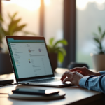 "A person sits at a desk in a modern home office, surrounded by budget-friendly gadgets connected via 5G cables, with a laptop displaying a cutting-edge blockchain smart contract interface."