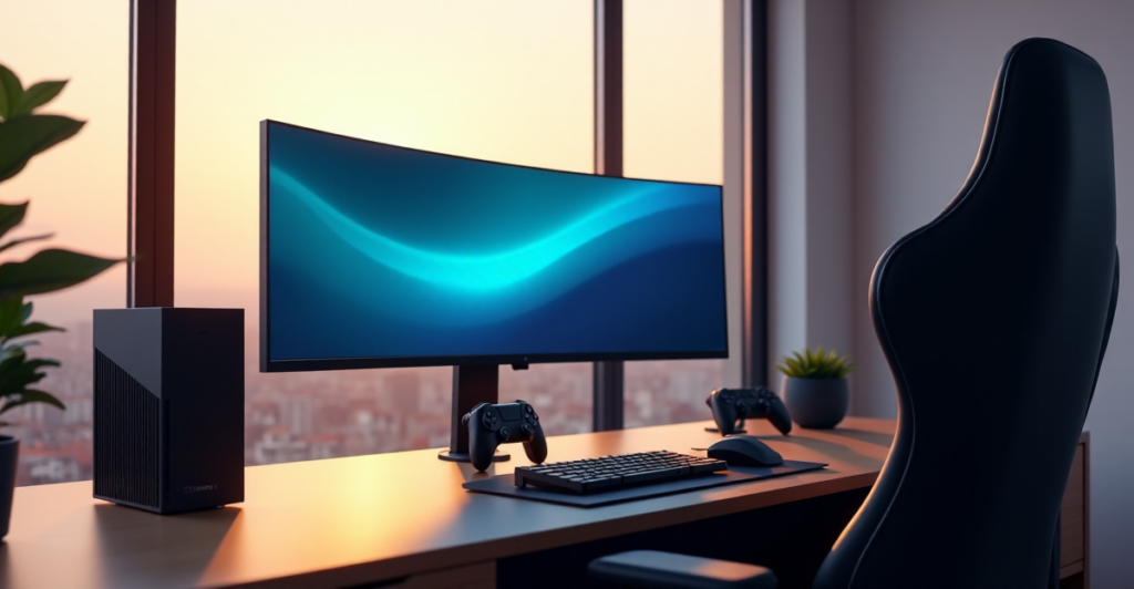 "A sleek gaming setup featuring a curved 5G-enabled monitor, AI-powered console, wireless controllers, and high-performance chair, showcasing cutting-edge technology in a modern minimalist space."