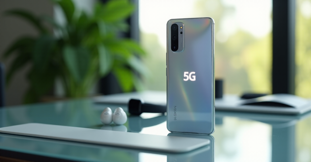 "A sleek silver smartphone with 5G logo on a minimalist glass desk amidst lush greenery and cutting-edge gadgets in soft natural light."
