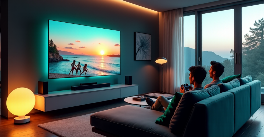 "A modern living room transformed into an entertainment hub featuring a large 85-inch Samsung QLED 8K smart TV, gaming consoles, soundbar, and cutting-edge gadgets amidst elegant dark hardwood flooring."