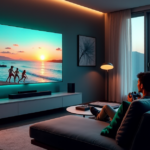Transform Your Living Room into an Ultimate Entertainment Hub with Seamless 5G Gadgets and AI-Powered Fun "A modern living room transformed into an entertainment hub featuring a large 85-inch Samsung QLED 8K smart TV, gaming consoles, soundbar, and cutting-edge gadgets amidst elegant dark hardwood flooring."