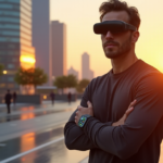 "Max Zypher stands confidently in front of a high-tech cityscape at sunset, showcasing cutting-edge wearable tech on his wrists."