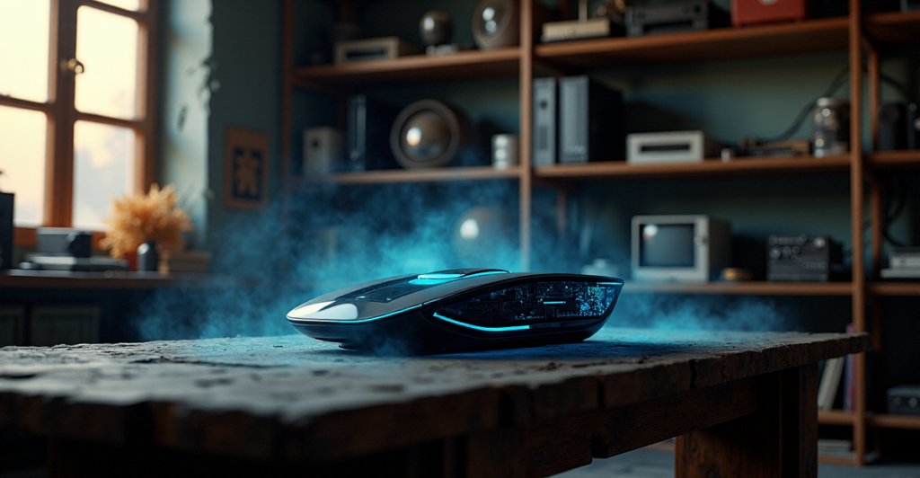 "A sleek, matte-black gaming console with glowing blue accents and transparent glass panel, situated in a futuristic study amidst vintage computer components and dusty gaming memorabilia."