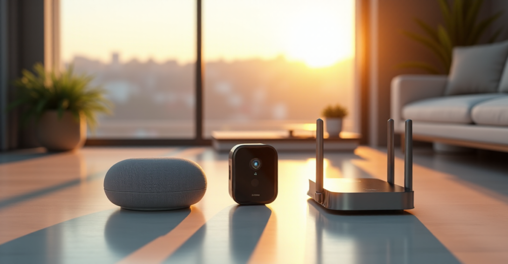 "A modern living room with cutting-edge 5G smart home devices, including a smart speaker, thermostat, security camera, wireless charging pad, and router, showcasing top 5G connectivity gadgets for effortless efficiency."