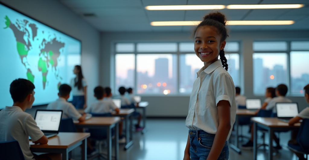 "A young girl stands confidently in front of a modern smart classroom equipped with cutting-edge technology, showcasing top 5G connectivity gadgets."