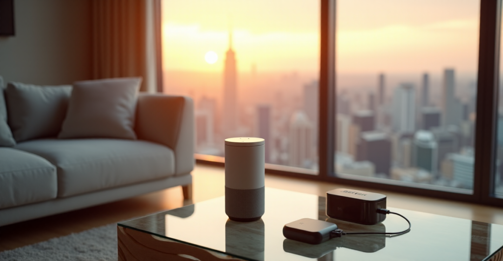 "A futuristic living room featuring cutting-edge gadgets and a serene cityscape at sunset, with a sleek smart speaker as central focus."
