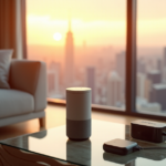 "A futuristic living room featuring cutting-edge gadgets and a serene cityscape at sunset, with a sleek smart speaker as central focus."