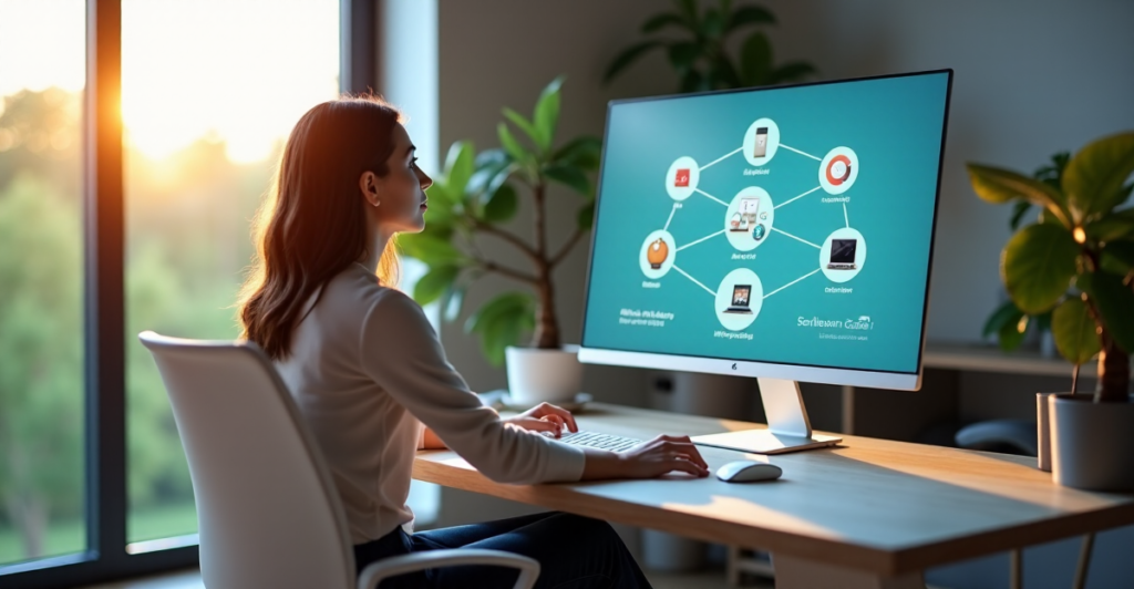 "A young woman sits comfortably in a home office space surrounded by top 5G connectivity gadgets, AI automation devices, and smart home apps, showcasing effortless efficiency."