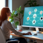 "A young woman sits comfortably in a home office space surrounded by top 5G connectivity gadgets, AI automation devices, and smart home apps, showcasing effortless efficiency."