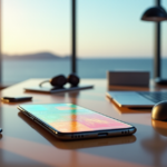 "A sleek silver smartphone on a minimalist desk amidst cutting-edge gadgets, showcasing AI-driven interface and real-time analytics in a serene office space."