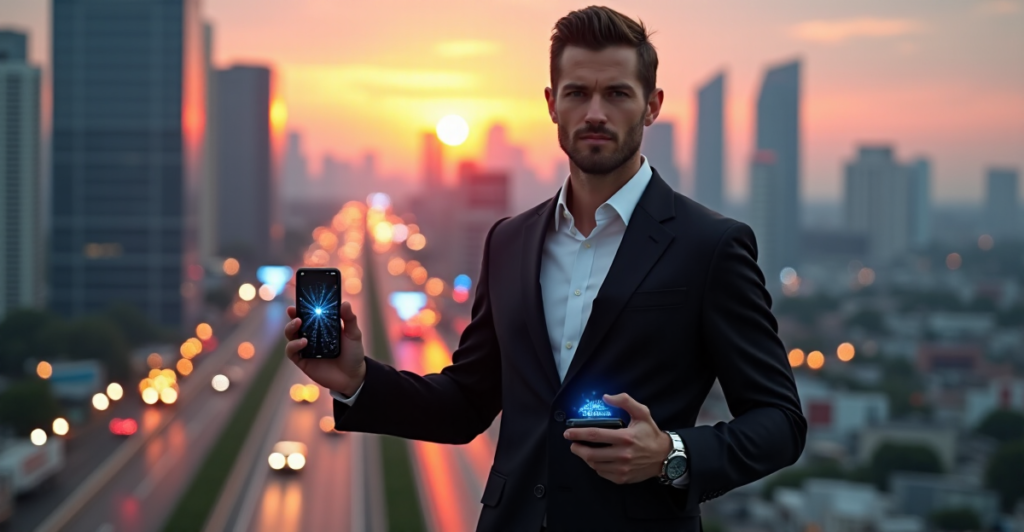 "Max Zypher stands confidently in front of a modern cityscape at sunset, surrounded by cutting-edge 5G-enabled gadgets, showcasing top 5G connectivity features."