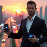 "Max Zypher stands confidently in front of a modern cityscape at sunset, surrounded by cutting-edge 5G-enabled gadgets, showcasing top 5G connectivity features."