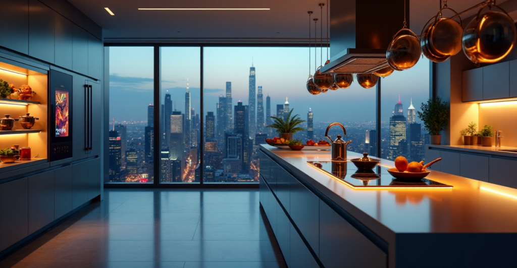 "A modern smart kitchen with cutting-edge appliances and gadgets, featuring a large touchscreen display and futuristic induction cooktop."