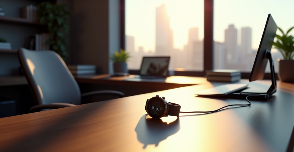 A sleek silver smartwatch on a dark wood desk in a modern home office, surrounded by minimalist decor and natural light, showcasing cutting-edge wearable tech.