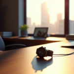 A sleek silver smartwatch on a dark wood desk in a modern home office, surrounded by minimalist decor and natural light, showcasing cutting-edge wearable tech.