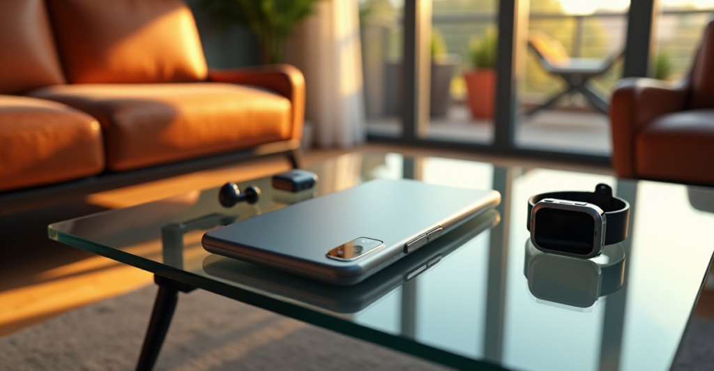 "A futuristic living room showcasing top 5G connectivity gadgets, including a sleek smartphone, smartwatch, earbuds, and power bank, bathed in warm golden hour light."