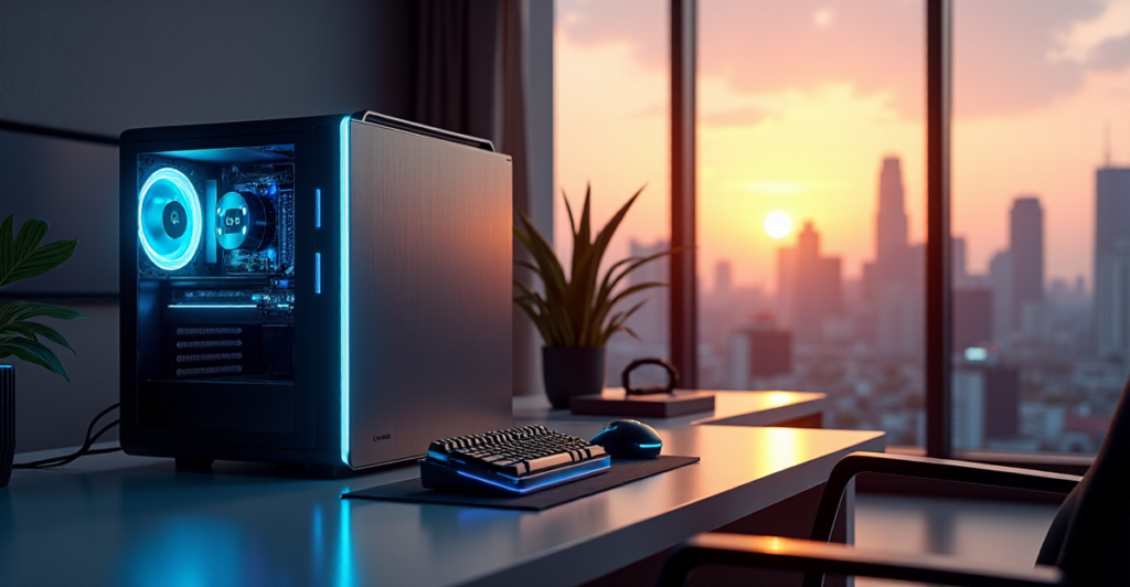 "A modern gaming setup in a minimalist living room with a state-of-the-art PC, curved monitor, and VR headsets, featuring top 5G connectivity gadgets amidst warm golden hour lighting."